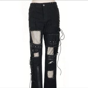 Black Distressed Lace-Up Pants with Fishnet Details